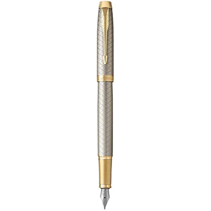 Parker Pen IM Premium Metal Fountain Pen - Warm Silver Champagne with Diamond Pattern - Gold Trim - Fine Nib - Black Ink - Gift Boxed