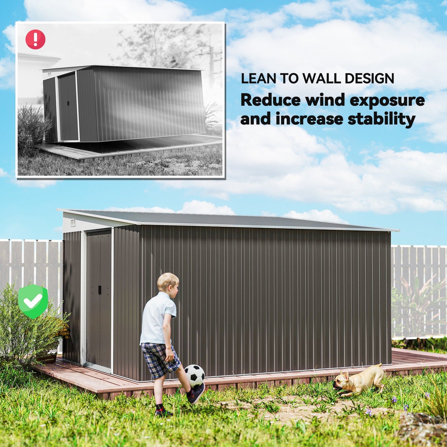 11.3 x 9.2ft Steel Garden Shed Metal Tool House Double Doors & 2 Air Vents, Grey