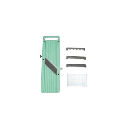 Vogue Kitchen Mandoline, Sage - D445, 3 Interchangeable Blades, Safety Guard, ABS Plastic, 0.68lbs, 9.0x30.5x2.5cm