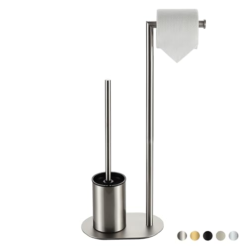 BVL Toilet Roll Holder with Toilet Brush Brushed, Stainless Steel Free Standing Toilet Brush, Toilet Brush and Toilet Paper Holder