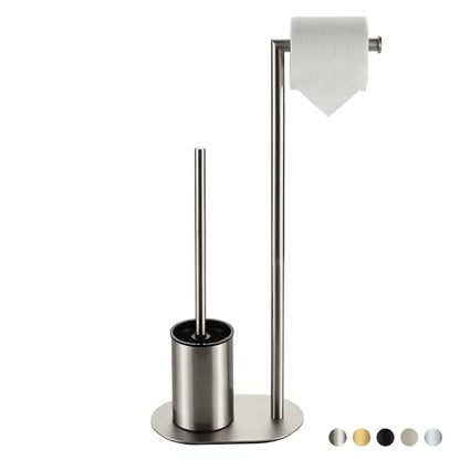 BVL Toilet Roll Holder with Toilet Brush Brushed, Stainless Steel Free Standing Toilet Brush, Toilet Brush and Toilet Paper Holder