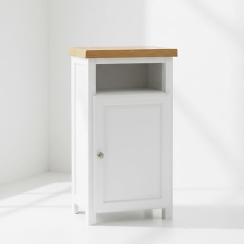 ALL WHITE Small Cabinet with Shelf, Solid Wooden Slim Cabinet for Hallway or Livingroom, Ready Assembled Narrow Unit with Oak Top Slim Storage Unit