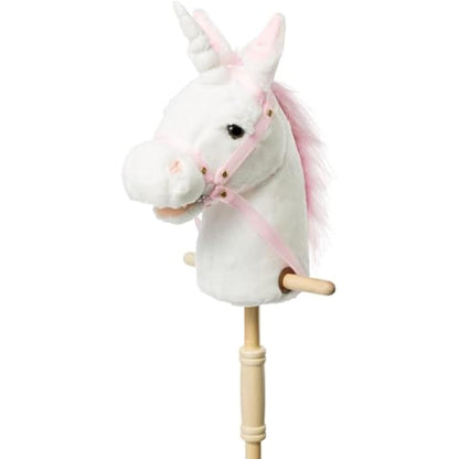 BEJOY Hobby Horse, Stick Horse with Wood Wheels - Real Pony Neighing Galloping Sounds - Plush Unicorn Toy Gift for Kids - White, 36 inches (AA Batteries Required)