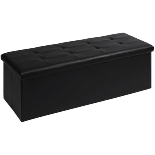 Bonlife End of Bed Storage Bench,Folding Black Ottoman Seat,Toy Chest Box Bedside Table Faux Leather Footstool for Living Room,110x38x38cm