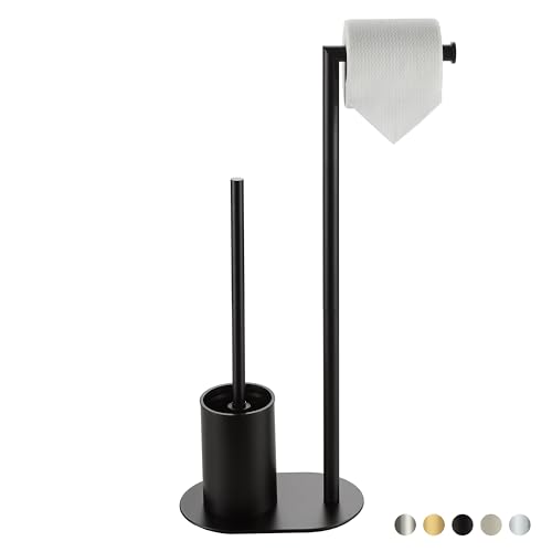 BVL Toilet Roll Holder with Toilet Brush Black, Stainless Steel Free Standing Toilet Brush, Toilet Brush and Toilet Paper Holder