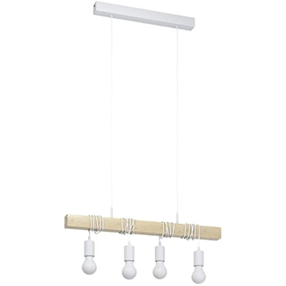 Eglo Townshend Pendant Lamp, 4 Bulbs Vintage Pendant Light in Industrial Design, Retro Hanging Lamp Made of Steel and Wood, Colour: White, Brown, Socket: E27