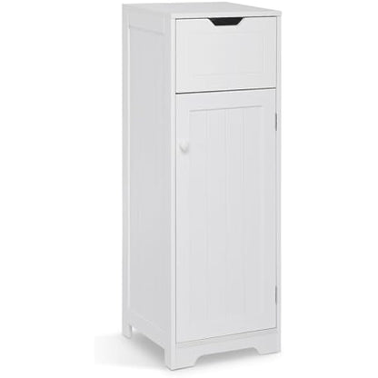 Mondeer Bathroom Floor Cabinet, Storage Unit With 1 Drawer 1 Door 2 Shelves, 32x30x87cm White MDF Painted Wood Free Standing Cupboard for Bathroom Living Room Porch