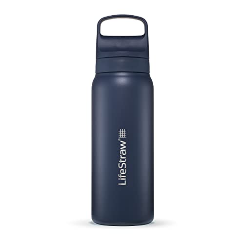 LifeStraw Go Series — Insulated Stainless Steel Water Filter Bottle for Travel and Everyday Use Removes Bacteria, Parasites and Microplastics, Improves Taste, 24oz Aegean Sea