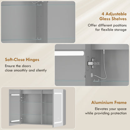 HOMCOM Mirrored Bathroom Cabinet with LED Lights, 60 x 80 cm Bathroom Mirror Cabinet with Anti-Fog, 3 Colour Dimmable Lighting