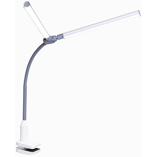Daylight DuoPro™ Clamp Lamp - High CRI 95+, Double Head Design, LED (6,000K, 2100 Lux), Anti-Glare Shades, 4 Brightness Levels, Flexible Arm, Sturdy Clamp (Grey/White)