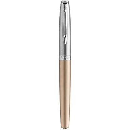 Waterman Emblème Deluxe Fountain Pen, Gold with Chrome Trim, Fine Nib with Blue Ink Cartridge, Gift Box