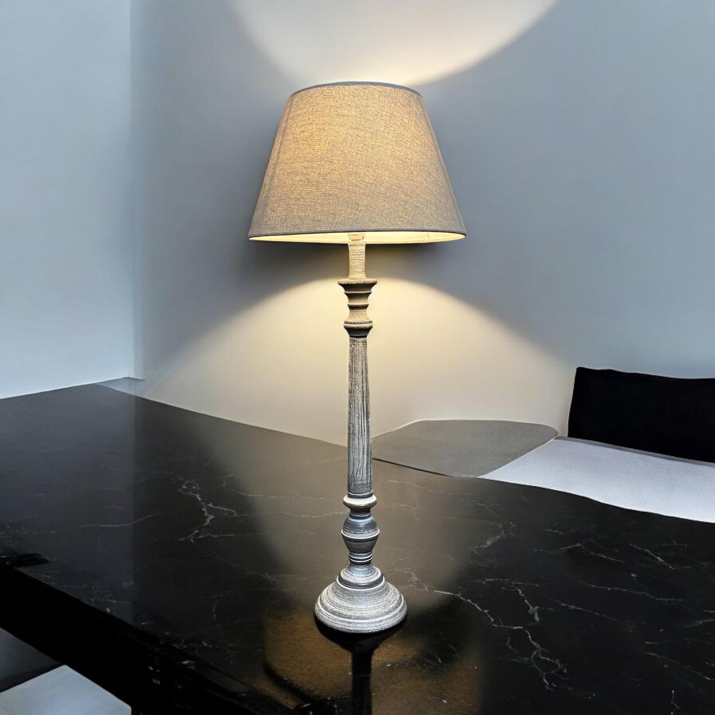 AcaciaHome Stylish & Elegant Tall Wooden Grey Washed 60 cm Table Lamp with Taupe Linen Shade – Energy-Efficient E27 Bulb with Shabby Chic Lighting for Bedroom, Living Room & Office