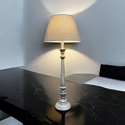 AcaciaHome Stylish & Elegant Tall Wooden Grey Washed 60 cm Table Lamp with Taupe Linen Shade – Energy-Efficient E27 Bulb with Shabby Chic Lighting for Bedroom, Living Room & Office
