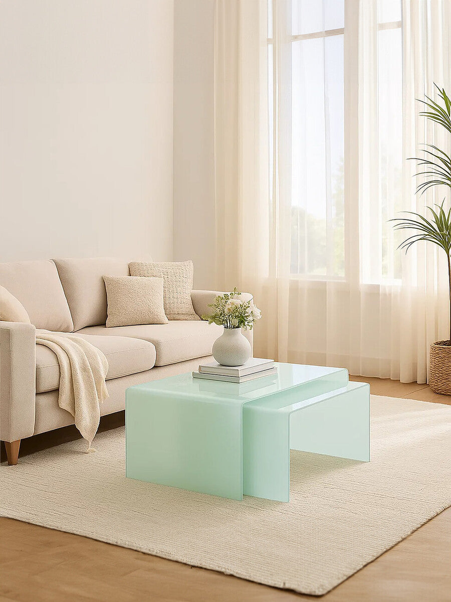 Cascade Nest of 2 Aqua Green Curved Glass Coffee Tables