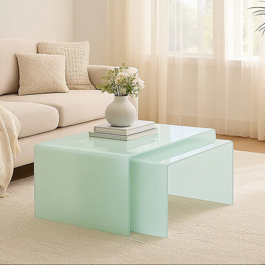 Cascade Nest of 2 Aqua Green Curved Glass Coffee Tables