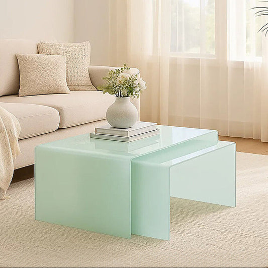 Cascade Nest of 2 Aqua Green Curved Glass Coffee Tables