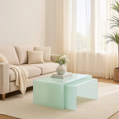 Cascade Nest of 2 Aqua Green Curved Glass Coffee Tables
