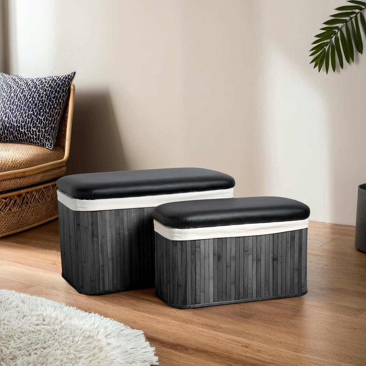 Black Set of 2 Bamboo Storage Ottoman | Bambi