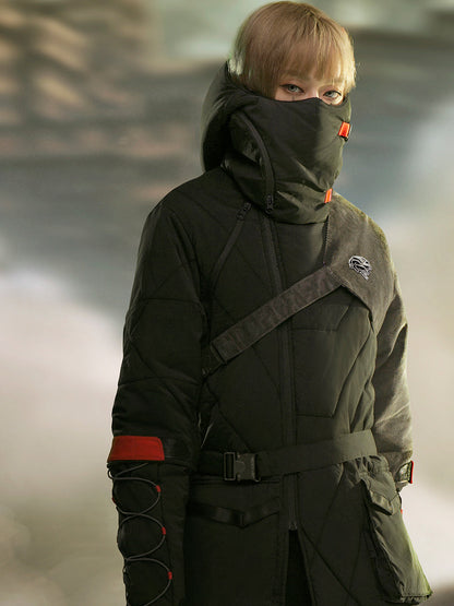 Mid-length Black Hooded Cotton Coat