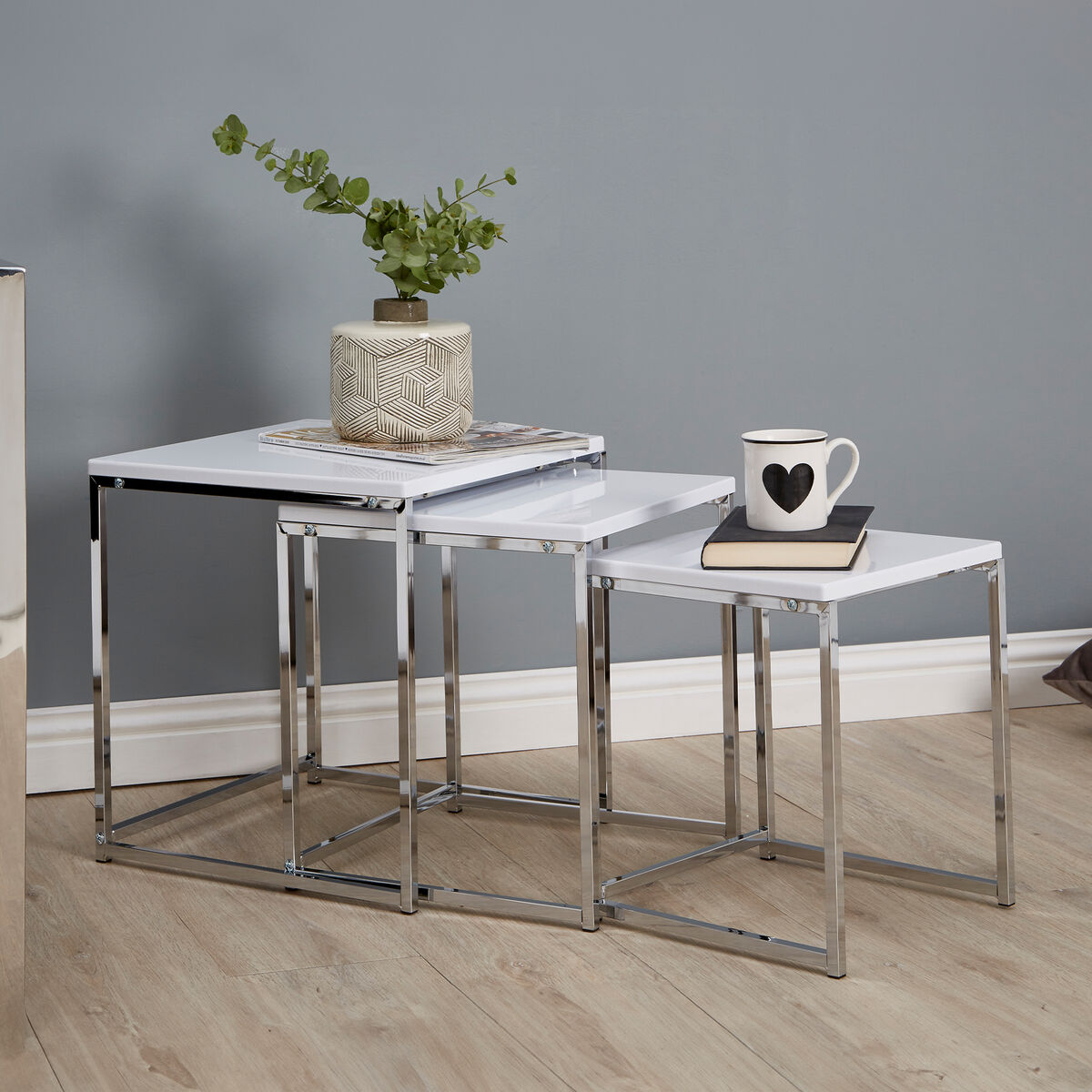 Matte White Top Nest of 3 Tables with Chrome Frame | Fulton