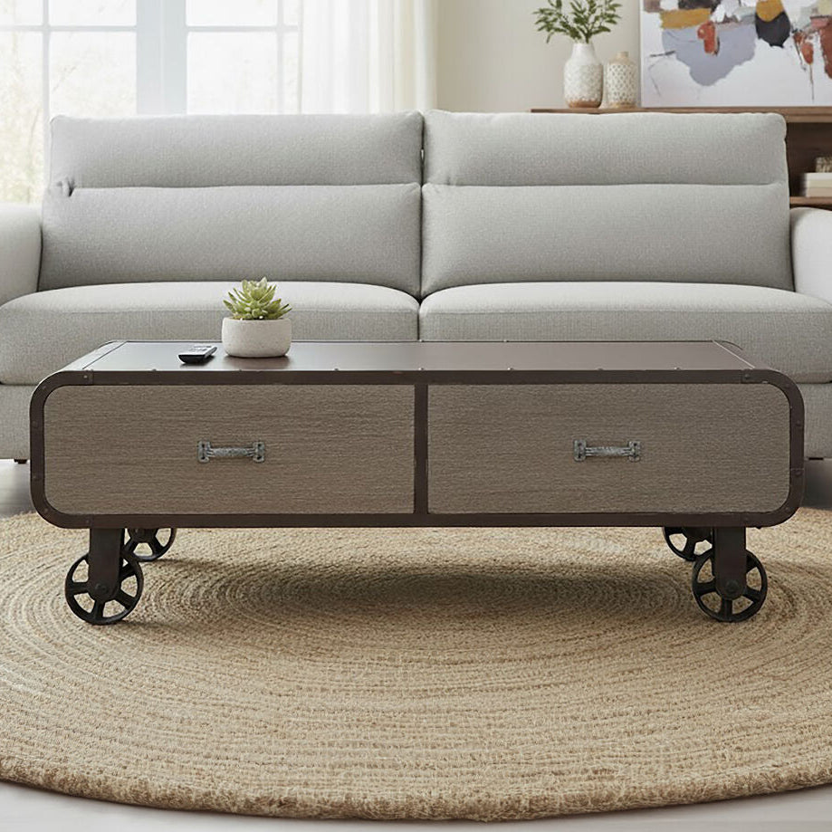 Natural Grain Finish Coffee Table with 2 Storage Drawers and 4 Wheels | Village Loft