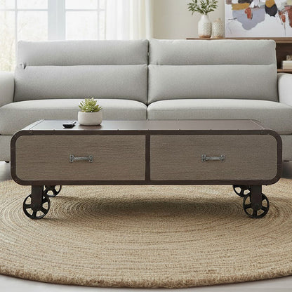 Natural Grain Finish Coffee Table with 2 Storage Drawers and 4 Wheels | Village Loft