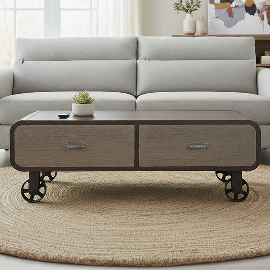 Natural Grain Finish Coffee Table with 2 Storage Drawers and 4 Wheels | Village Loft
