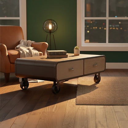 Natural Grain Finish Coffee Table with 2 Storage Drawers and 4 Wheels | Village Loft