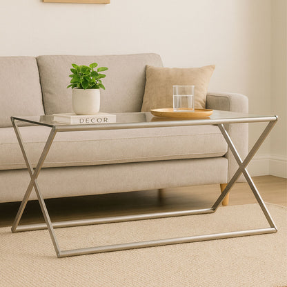 Tempered Glass Rectangular Coffee Table with Silver Cross Frame Design | Roma