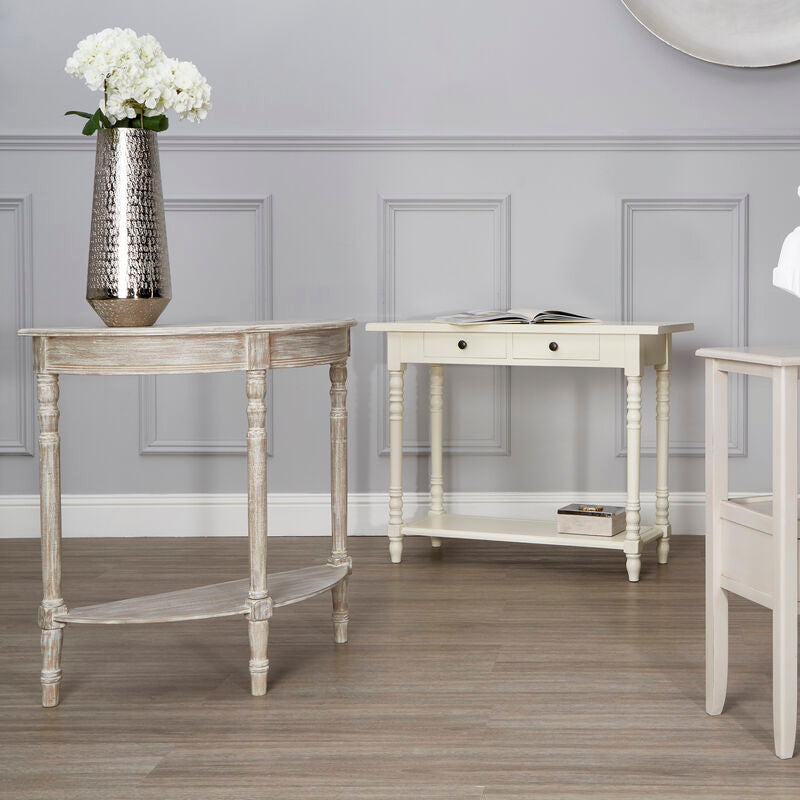 Natural Wood Half Moon Console Table with Lower Storage Shelf and Carved Legs, Heritage
