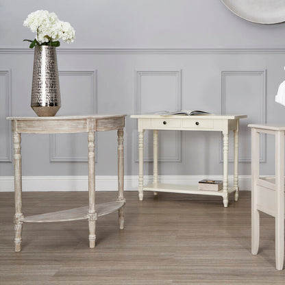 Natural Wood Half Moon Console Table with Lower Storage Shelf and Carved Legs, Heritage