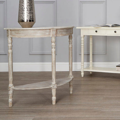 Natural Wood Half Moon Console Table with Lower Storage Shelf and Carved Legs, Heritage