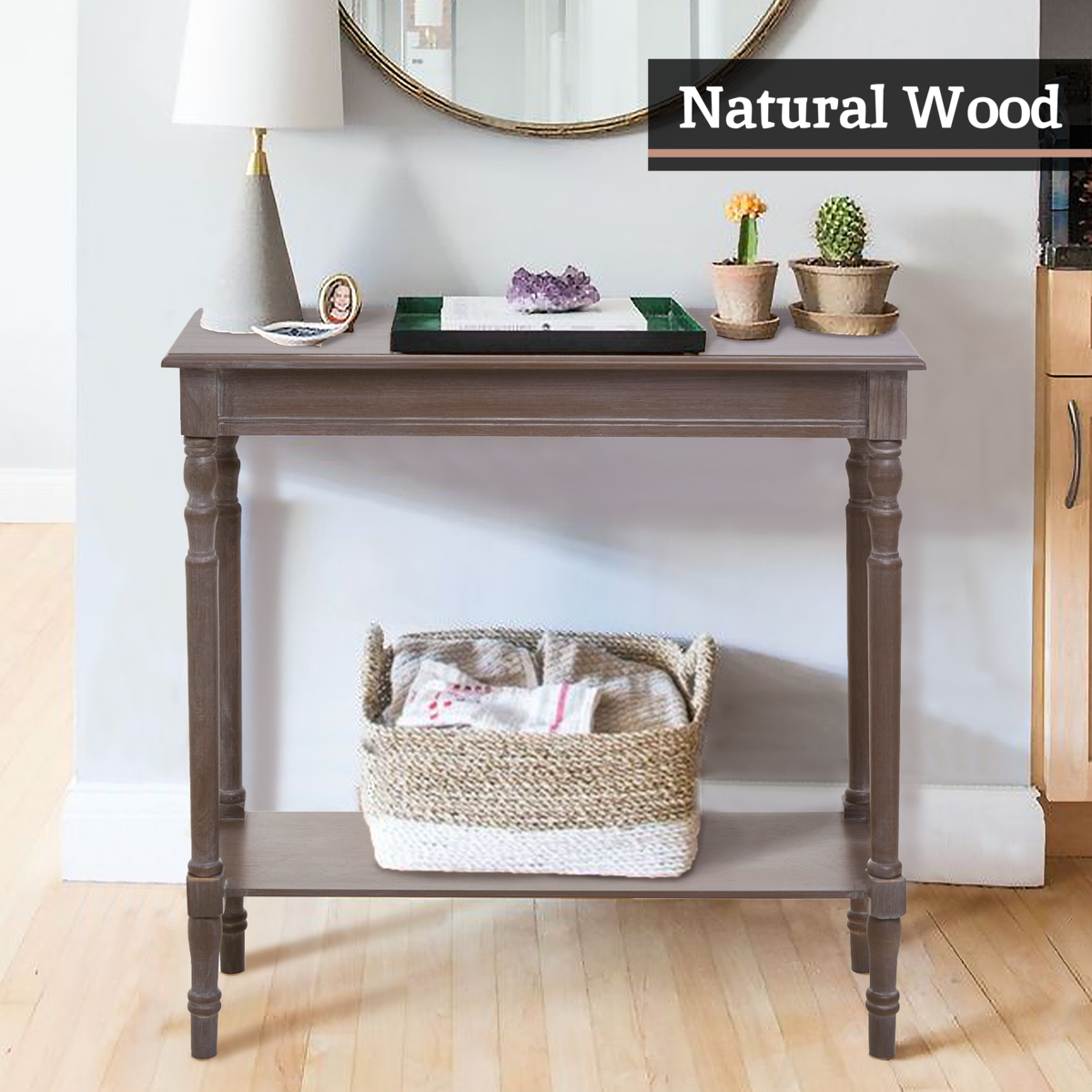 Natural Wash Slim Wooden Console Table with Lower Shelf and Carved Legs, Heritage