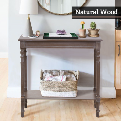 Natural Wash Slim Wooden Console Table with Lower Shelf and Carved Legs, Heritage