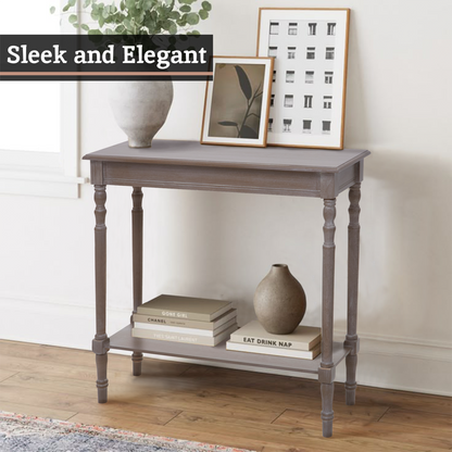 Natural Wash Slim Wooden Console Table with Lower Shelf and Carved Legs, Heritage