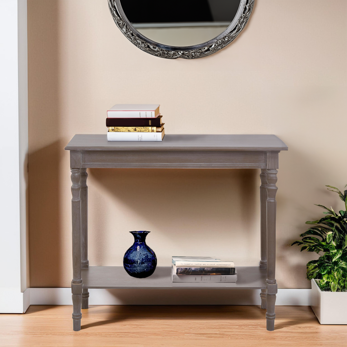 Natural Wash Slim Wooden Console Table with Lower Shelf and Carved Legs, Heritage