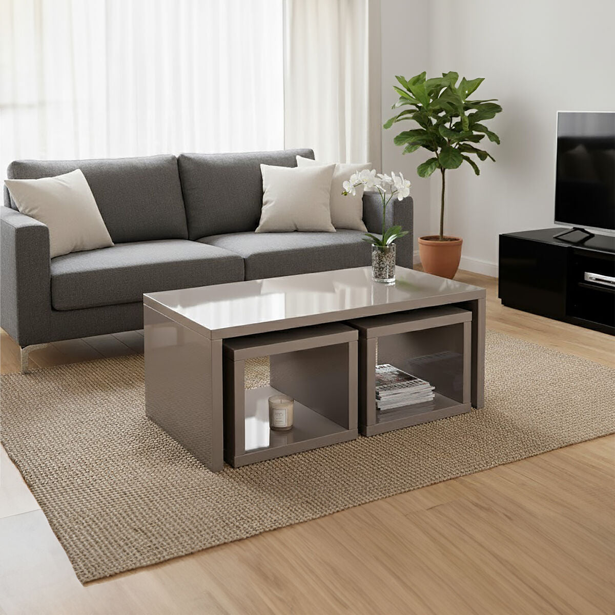 Dark Grey High Gloss Wood Coffee Table with 2 Under Tables | Madrid
