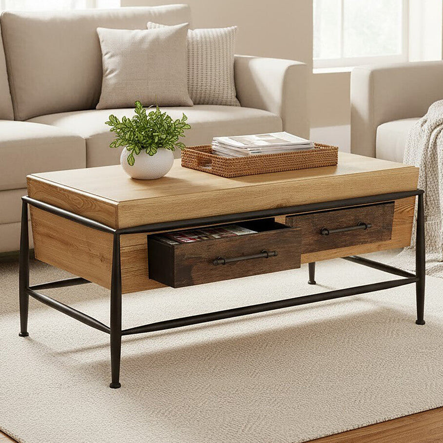 Natural and Brown Wooden Coffee Table with Metal Legs | New Foundry
