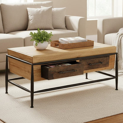 Natural and Brown Wooden Coffee Table with Metal Legs | New Foundry