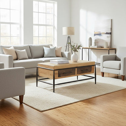 Natural and Brown Wooden Coffee Table with Metal Legs | New Foundry