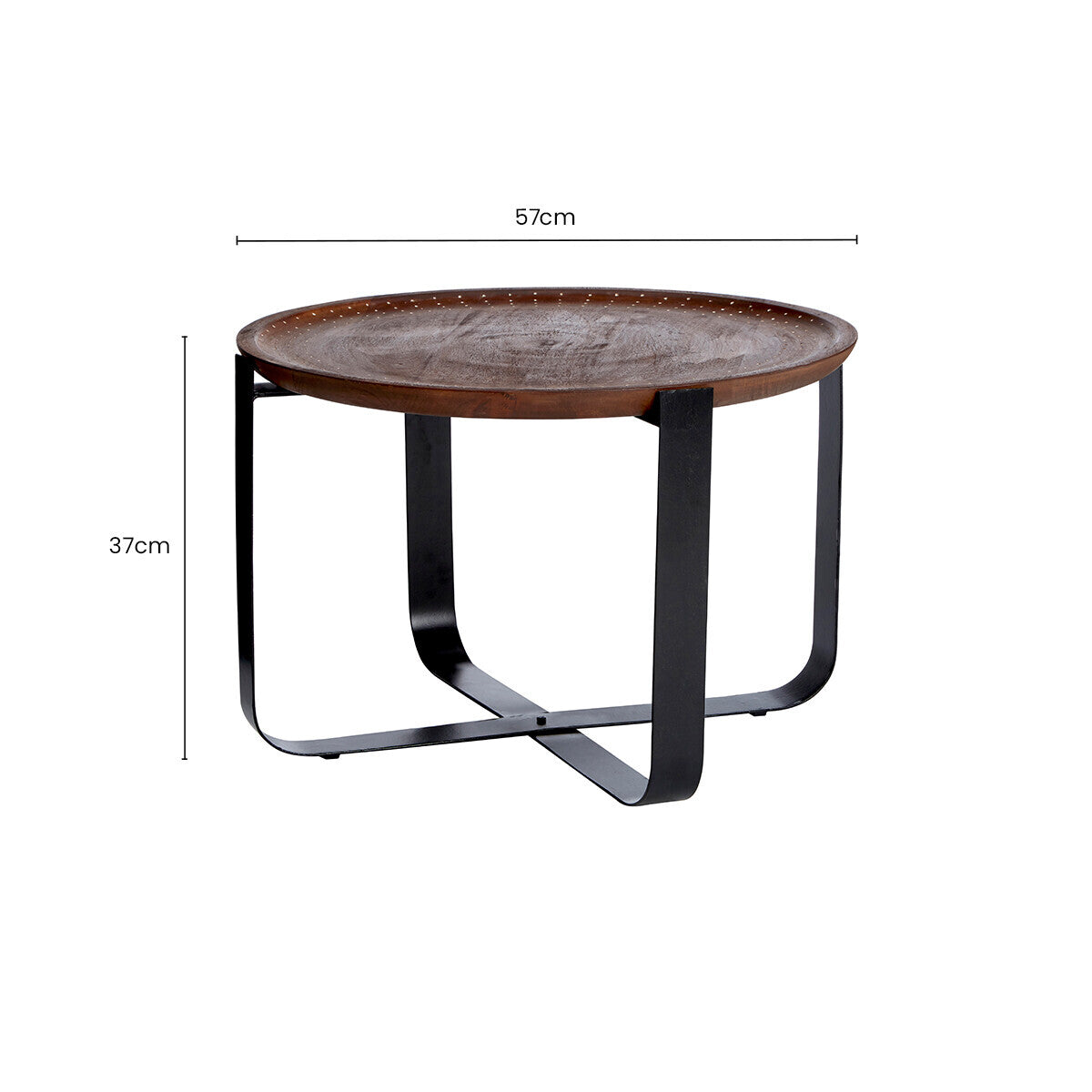 Brown Mango Wood Top Round Side Table with Black X Shape Metal Base | Templar