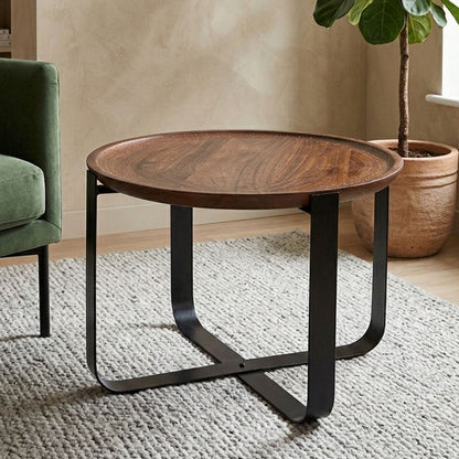 Brown Mango Wood Top Round Side Table with Black X Shape Metal Base | Templar