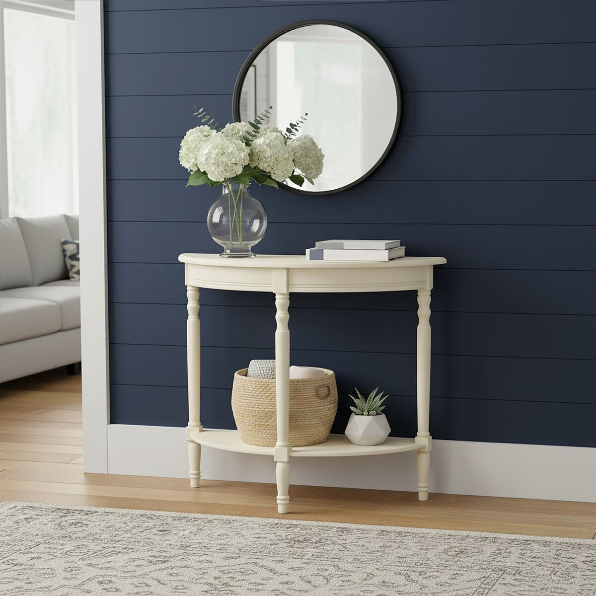 White Pine Wood Ivory Rounded Console Table, Heritage