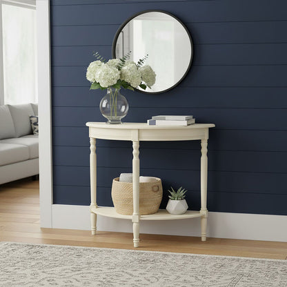 White Pine Wood Ivory Rounded Console Table, Heritage