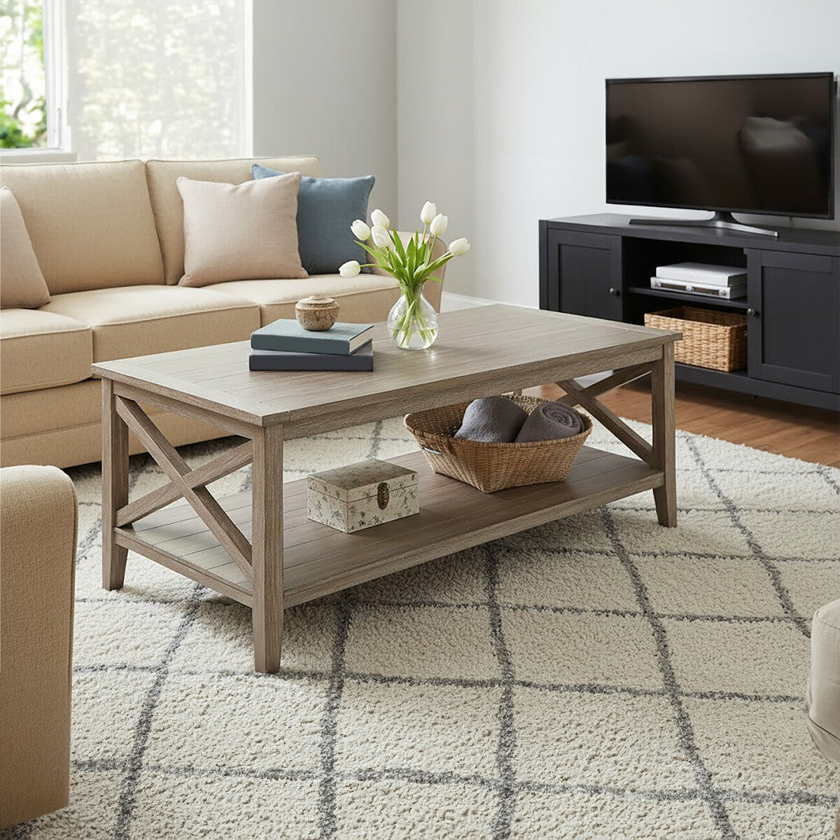 Heritage Natural Wash Wooden Coffee Table with Lower Shelf
