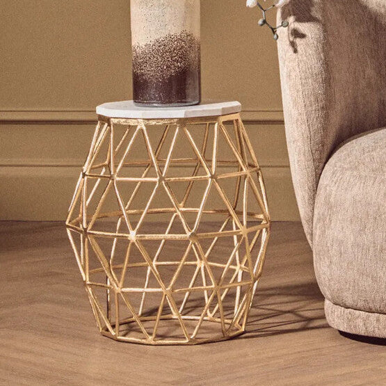 White Marble Top Side Table with Geometric Gold Finish Stone Frame | Templar