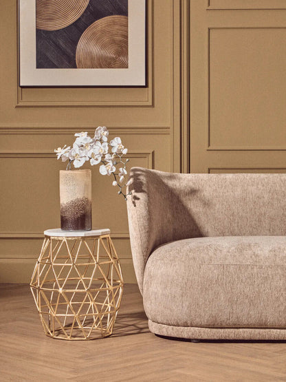 White Marble Top Side Table with Geometric Gold Finish Stone Frame | Templar