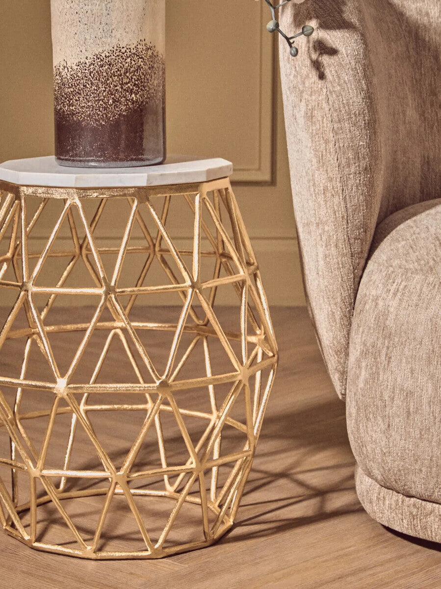 White Marble Top Side Table with Geometric Gold Finish Stone Frame | Templar