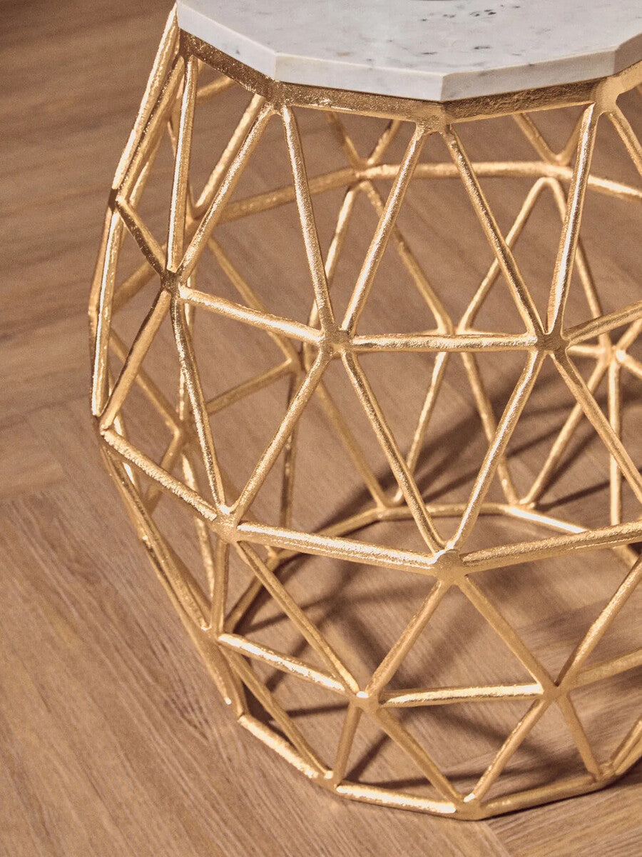 White Marble Top Side Table with Geometric Gold Finish Stone Frame | Templar