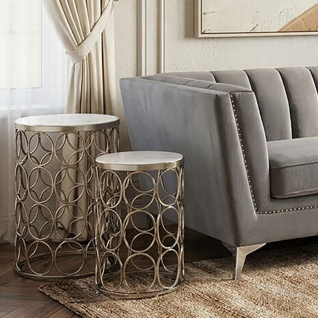 Templar Marble and Nickel Finish Set of 2 Side Tables